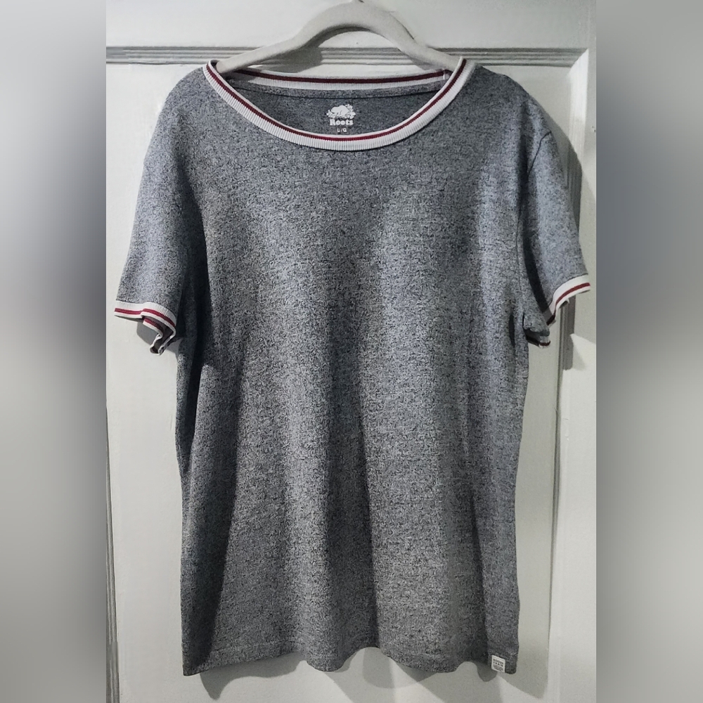 🌷Roots Cabin Women's Grey Short Sleeve Tee with Red-Trim Crew Neck🌷size:L